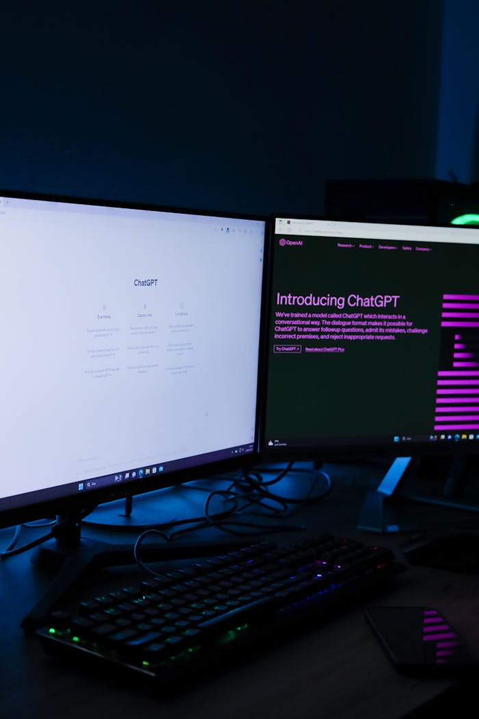 AI Automation Glossary 2025 for Businesses Vertical shot of a dual monitor setup with ChatGPT on screens, ideal for technology and AI concepts.